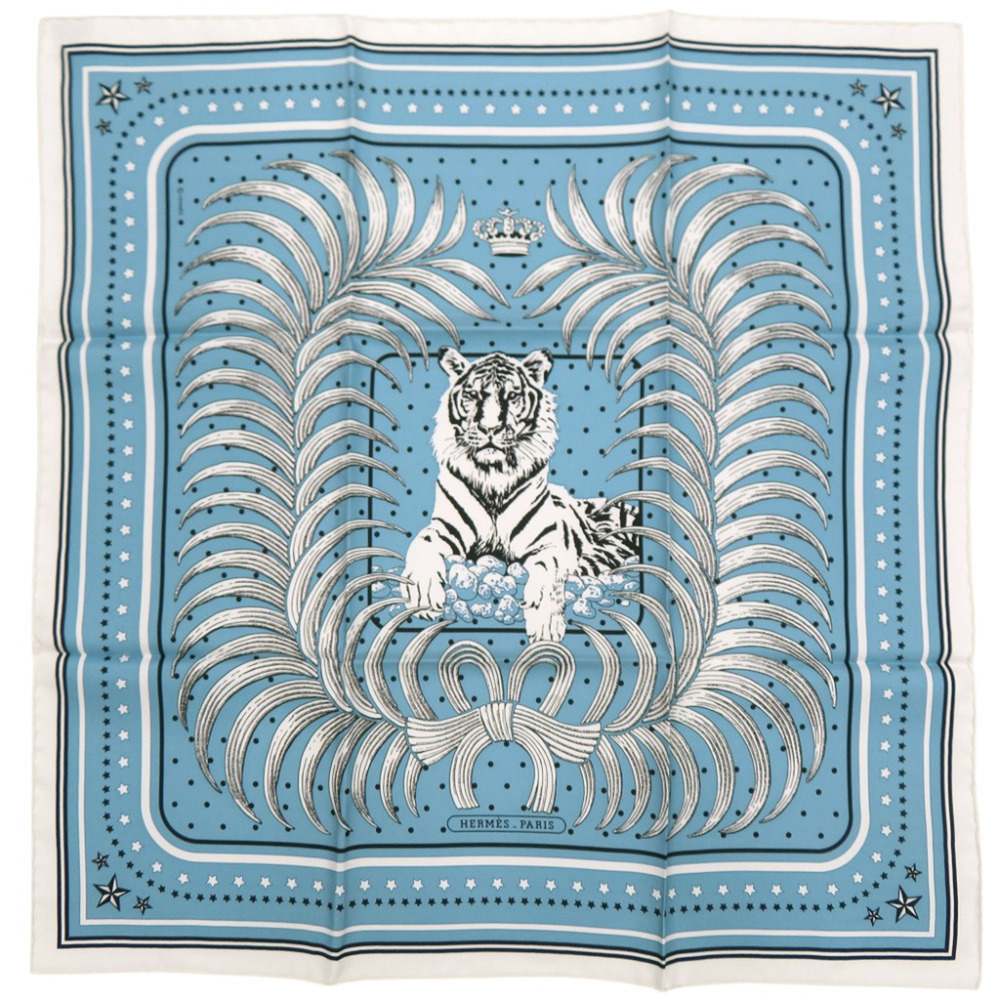 Hermes Carre 55 TIGER ROYAL (Tiger King) Scarf/Muffler, Silk, Light Blue, 054...